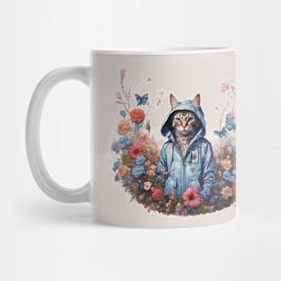 Cat wearing a hoodie and surround by flowers Mug